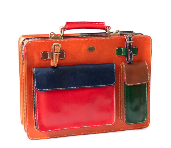 Newspaper briefcase with three  sections Machiavelli leather workers  multicolored