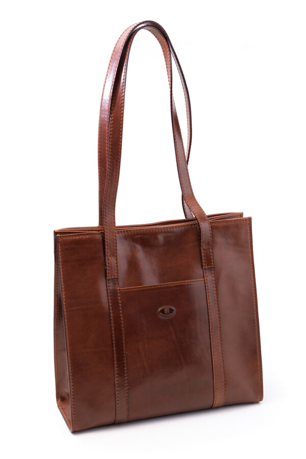 Machiavelli Master Leatherworkers Tuscan Artisans Shopping big large bag double rectangular pocket 1011 large in genuine vegetable tanned leather natural brown front view